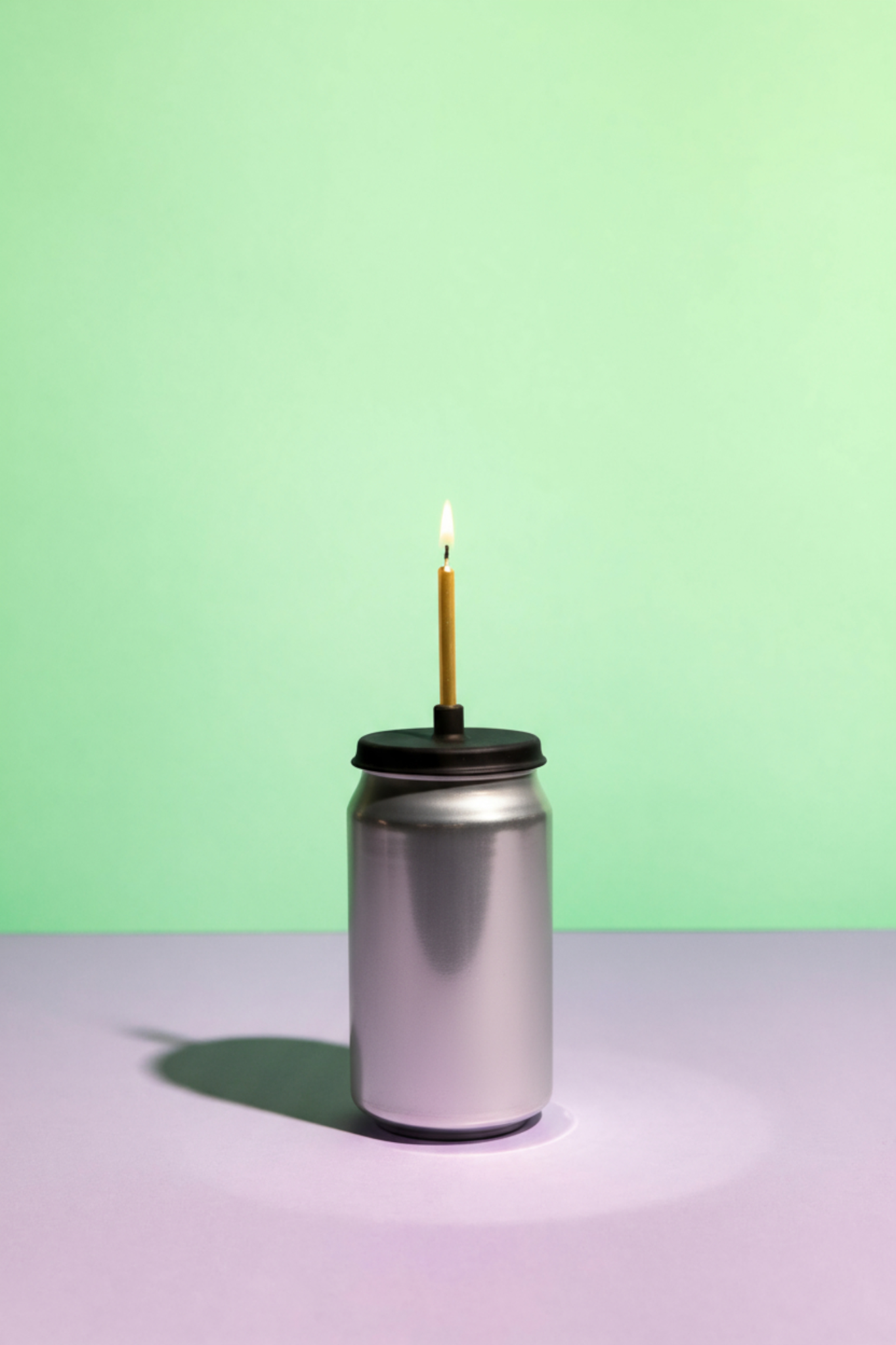 beverage can with a lit candle on a light green background